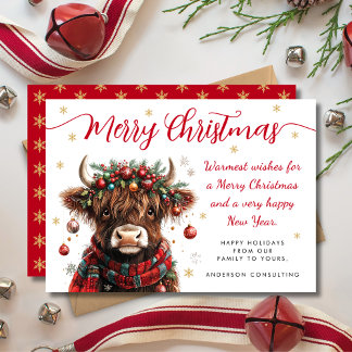 Cute Festive Highland Cow Merry Christmas Business Julkort