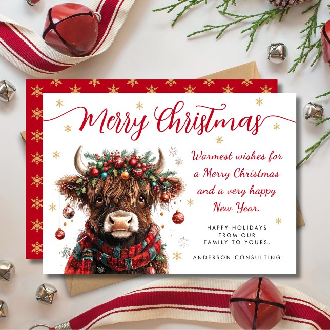 Cute Festive Highland Cow Merry Christmas Business Julkort (Skapare uppladdad)