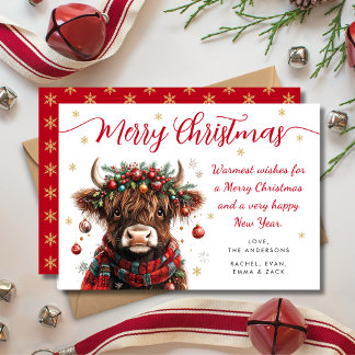 Cute Festive Highland Cow Merry Christmas Julkort