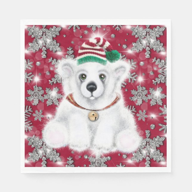 Cute festive holiday Polar bear glitter snowflakes Pappersservett (Framsidan)