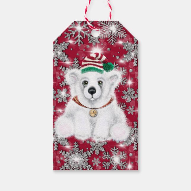 Cute festive holiday Polar bear glitter snowflakes Presentetikett (Framsidan)