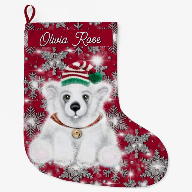 Cute festive holiday Polar bear glitter snowflakes Stor Julstrumpa (Framsidan)