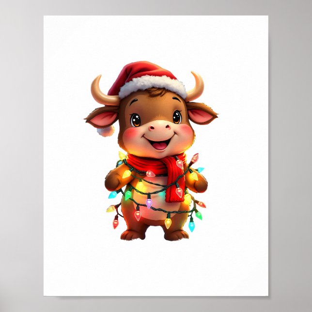 Cute Festive Jul Cow med Helgdag Kid Poster (Framsidan)