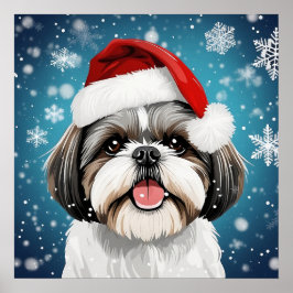 Cute Festive jul Shih Tzu Hund med Santa Hat Poster