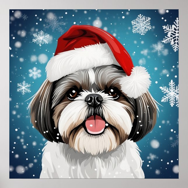 Cute Festive jul Shih Tzu Hund med Santa Hat Poster (Framsidan)