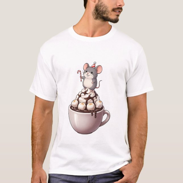 Cute Festive Mouse Standing on Hot Chocolate T Shirt (Framsida)
