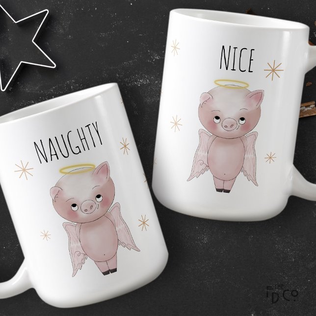Cute Festive Naughty or Nice Angel Pig Holiday  Kaffemugg (Skapare uppladdad)