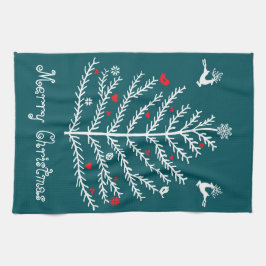 Cute Festive Nordic Teal Julgran Hjort Kökshandduk