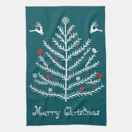Cute Festive Nordic Teal Julgran Hjort Kökshandduk