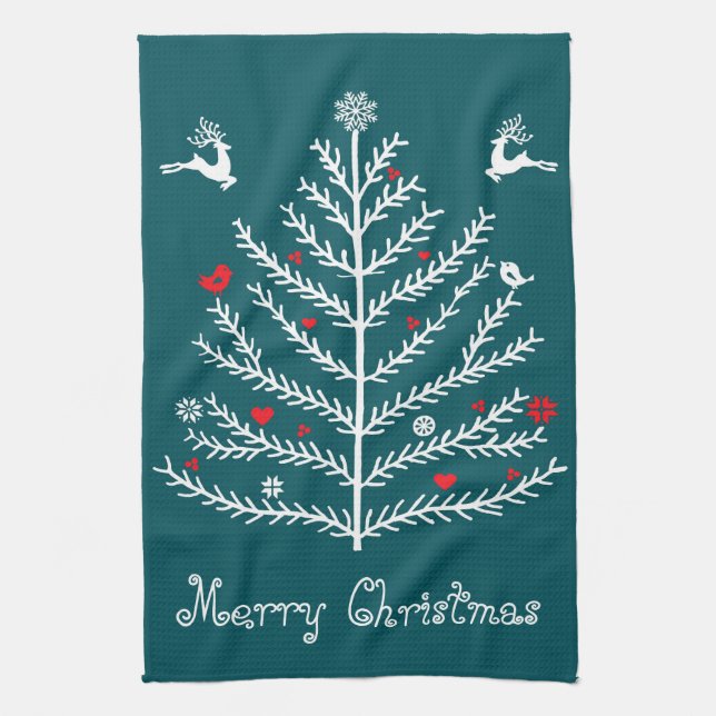 Cute Festive Nordic Teal Julgran Hjort Kökshandduk (Vertikal)