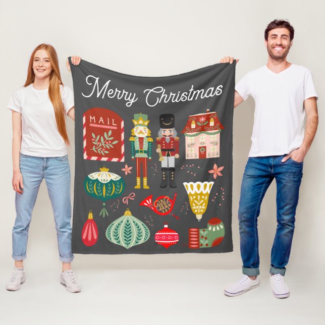 Cute festive Nutcracker mönster jul Red Grått Fleecefilt (På plats)