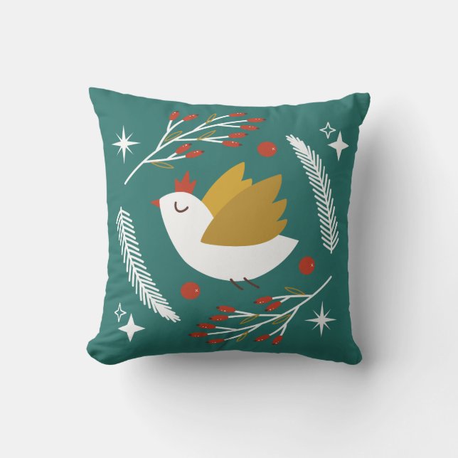 Cute Festive Peace Dove & Berries Teal Kudde (Framsida)