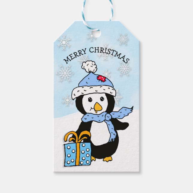 Cute Festive Penguin Helgdag eller julgåva Presentetikett (Framsidan)