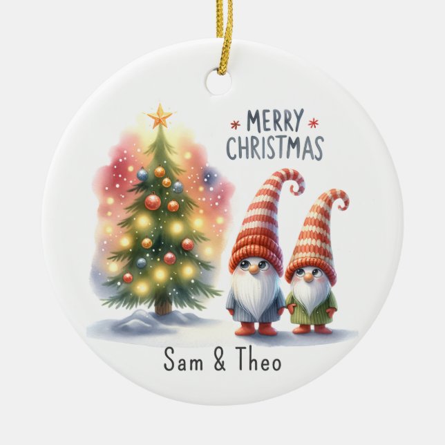 Cute Festive Personalized Merry Christmas Gnome  Julgransprydnad Keramik (Framsidan)