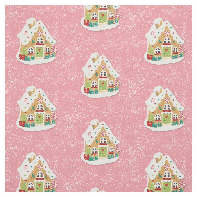 Cute Festive Rosa Snowy Gingerbröd House Mönster Tyg (Provkarta)