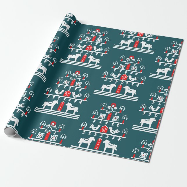 Cute Festive Scandi Blue Red White Julgran Presentpapper (Utrullad)