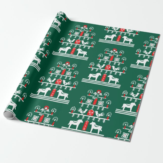 Cute Festive Scandi Grönt Red Julgran Presentpapper (Utrullad)