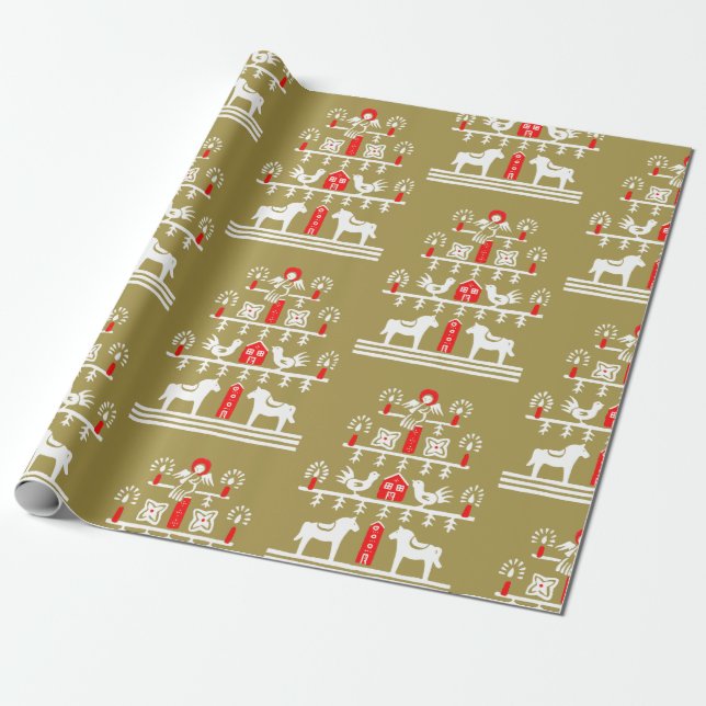 Cute Festive Scandi Guld Red Julgran Presentpapper (Utrullad)