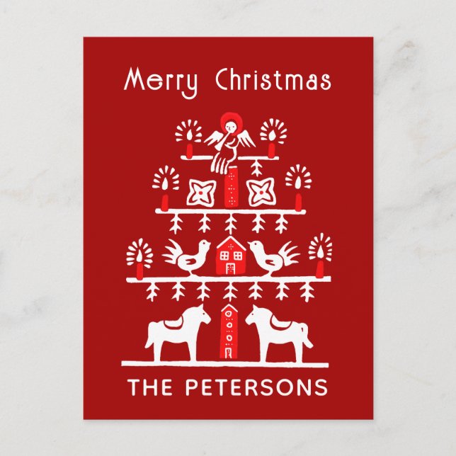 Cute Festive Scandi Red White Christmas Tree Vykort (Framsida)