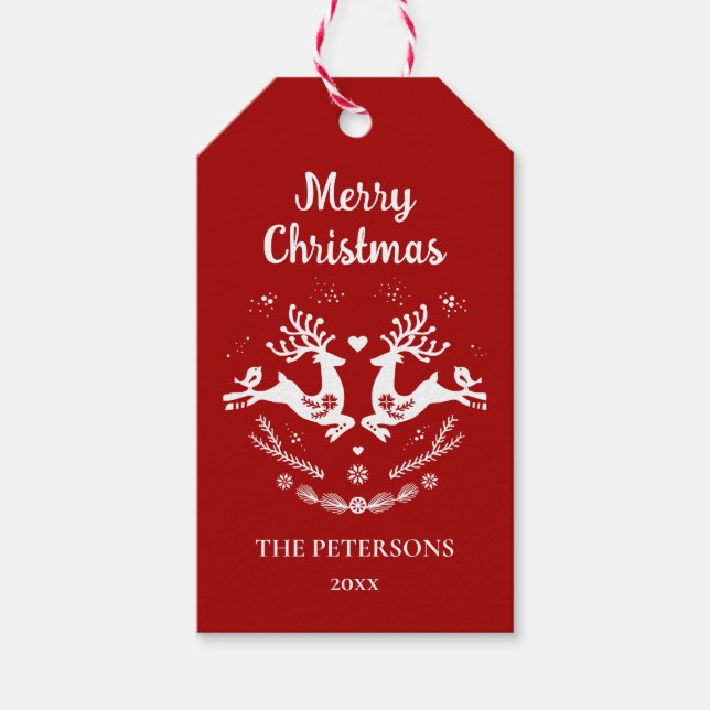 Cute Festive Scandi Red White Jul Hjort Presentetikett (Framsidan)