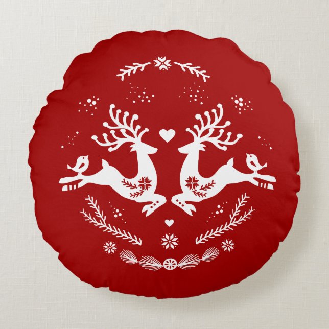 Cute Festive Scandi Red White Jul Hjort Rund Kudde (Framsidan)