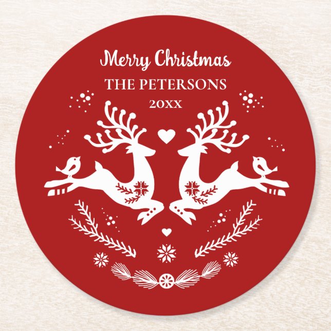 Cute Festive Scandi Red White Jul Hjort Underlägg Papper Rund (Framsidan)