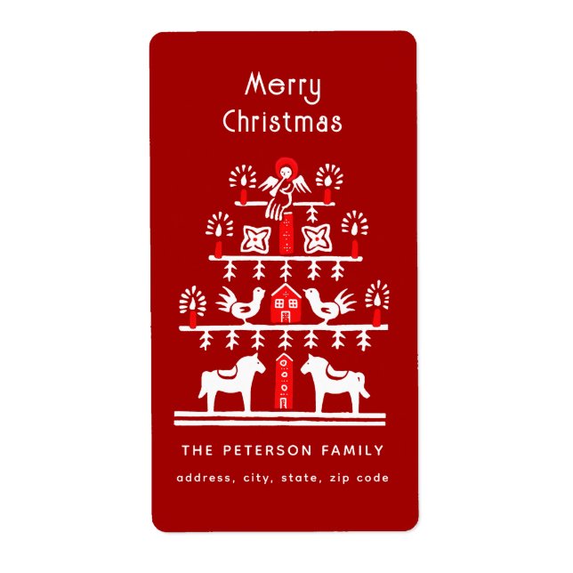 Cute Festive Scandi Red White Julgran Fraktsedel (Framsidan)