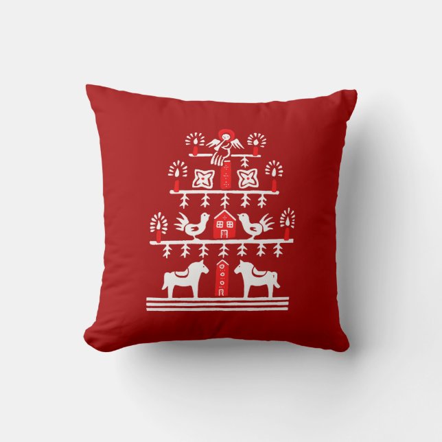 Cute Festive Scandi Red White Julgran Kudde (Framsida)