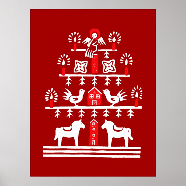Cute Festive Scandi Red White Julgran Poster (Framsidan)