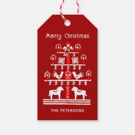 Cute Festive Scandi Red White Julgran Presentetikett