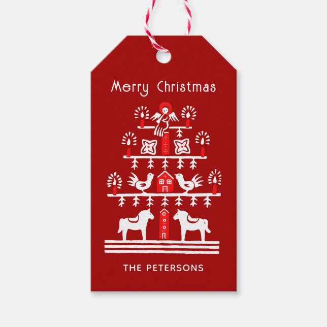 Cute Festive Scandi Red White Julgran Presentetikett (Framsidan)