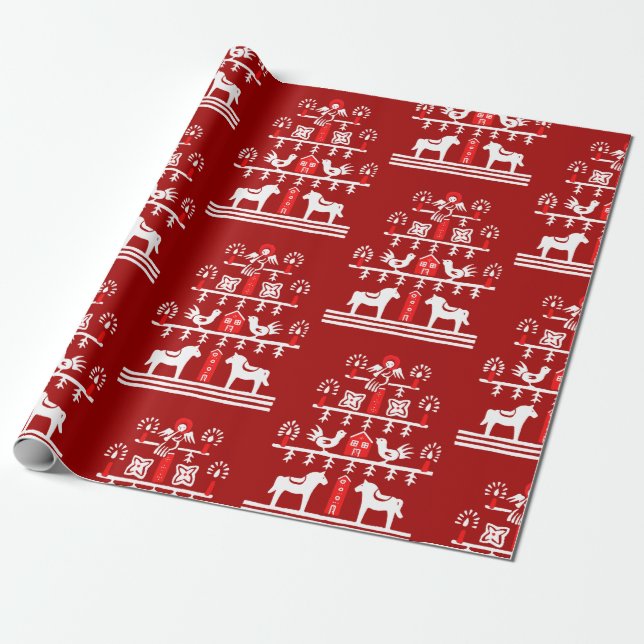 Cute Festive Scandi Red White Julgran Presentpapper (Utrullad)