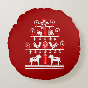 Cute Festive Scandi Red White Julgran Rund Kudde