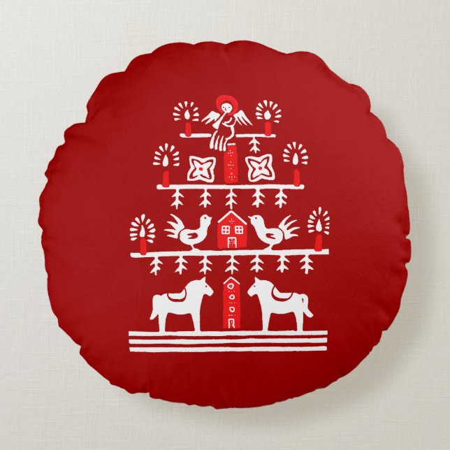 Cute Festive Scandi Red White Julgran Rund Kudde (Framsidan)