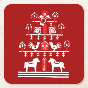 Cute Festive Scandi Red White Julgran Underlägg Papper Kvadrat