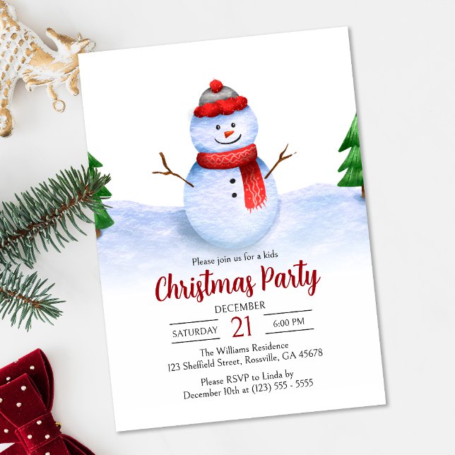 Cute Festive Snögubbe Kids jul Party Inbjudningar (Infuse your kids' Christmas party invitation with a dash of holiday magic with this adorable design.)