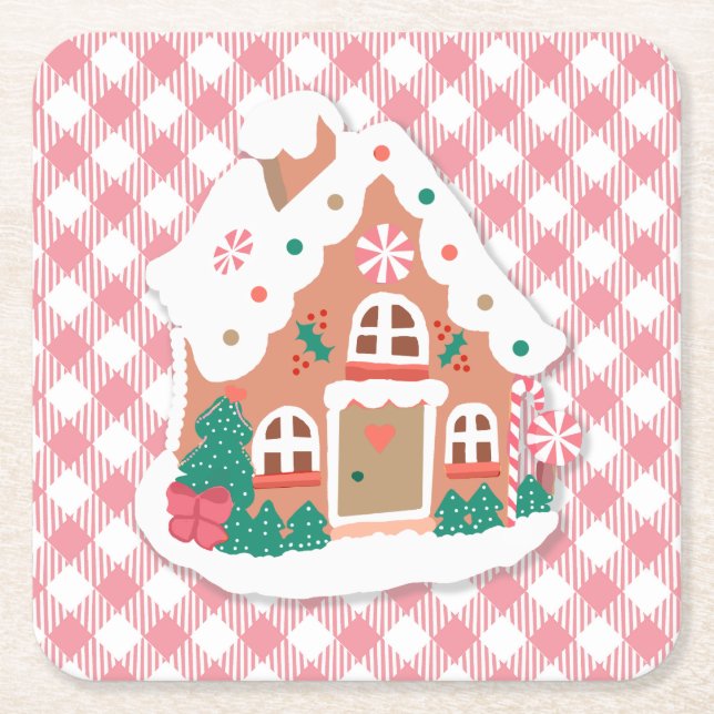 Cute Festive Snowy Rosa Gingerbröd House Gingham Underlägg Papper Kvadrat (Framsidan)