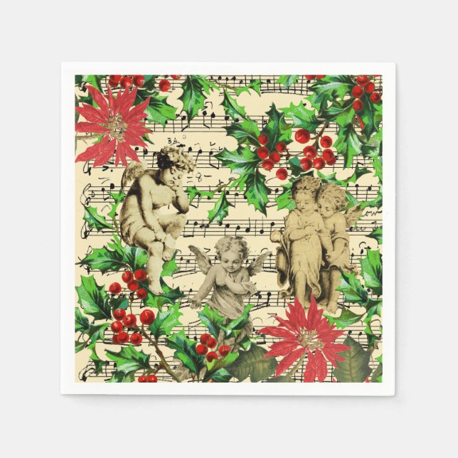 Cute Festive Vintage Angel Cherubs Holly-jul Pappersservett (Framsidan)