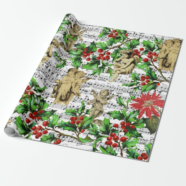 Cute Festive Vintage Angel Cherubs Holly-jul Presentpapper (Utrullad)