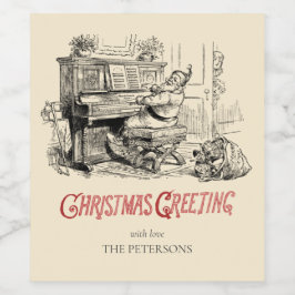 Cute Festive Vintage Victorian Santa med Piano Vinflaska Etikett