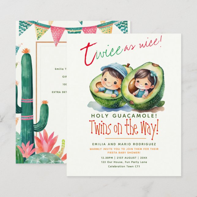 Cute Fiesta Avocado TWIN GIRL och BOY Baby Shower (Fram/baksida)