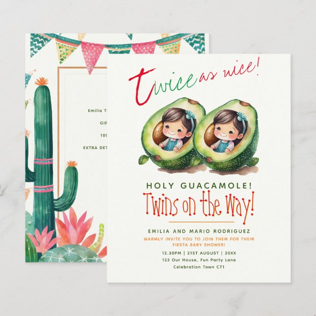Cute Fiesta Avocado TWIN GIRLS Baby Shower BUDGET (Fram/baksida)