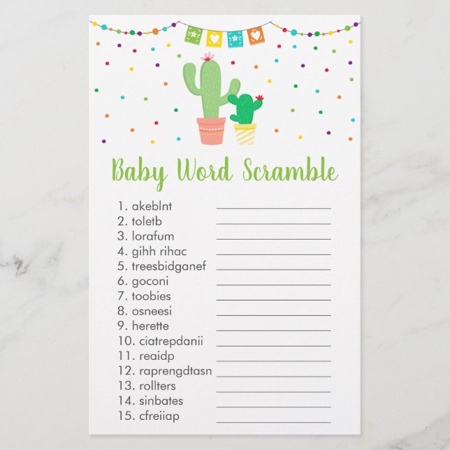 Cute Fiesta Cactus Baby Shower Ord Scramble Game (Framsida)
