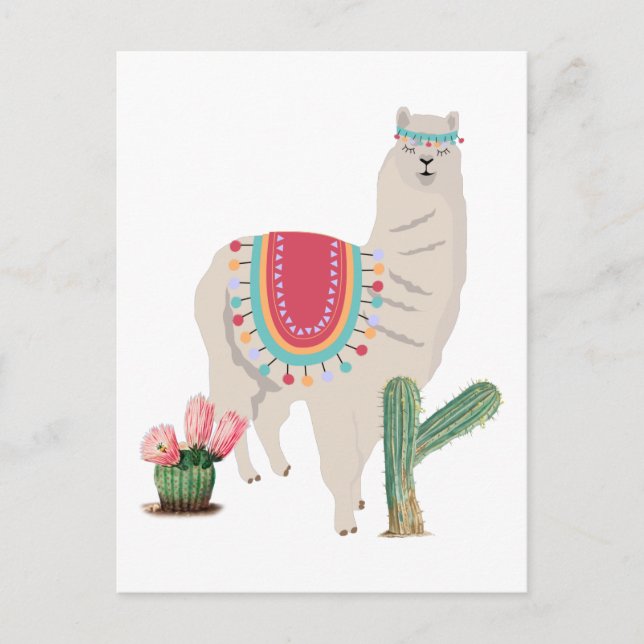Cute Fiesta Llama & Cactus Helg Vykort (Framsida)