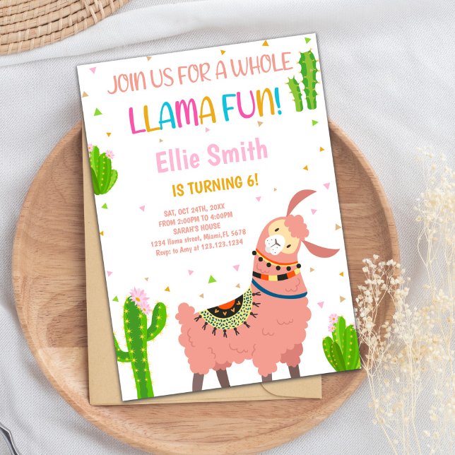 Cute Fiesta Party-kort för flickor eller Småbarn Inbjudningar (Pink Llama Birthday Invitations)
