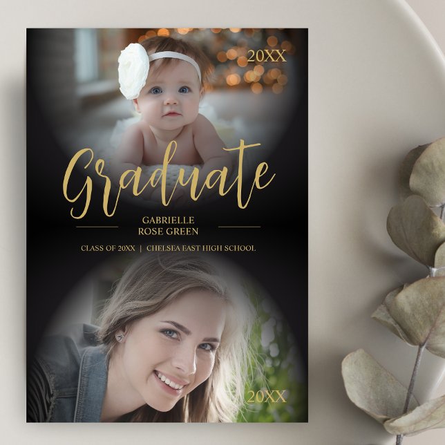 Cute Finare och nu Trendig 2 Foton Studenten Inbjudningar (Cute Fancy Then & Now Trendy 2 Photos Graduation Invitation with Envelope. )