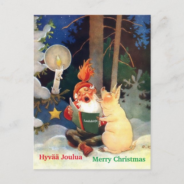 Cute Finska Tomte eller Haltija Gnome & Gris Singi Vykort (Framsida)