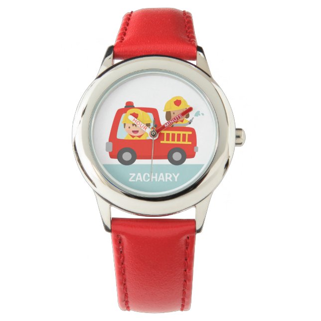 Cute Fire fighBoy och Hund Red Fire Lastbil Watch Armbandsur (Framsida)