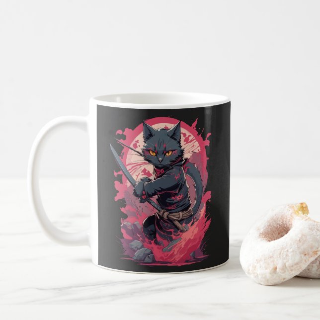 Cute Fire Stänk Black Ninja Cat Warrior Kaffemugg (Med munk)