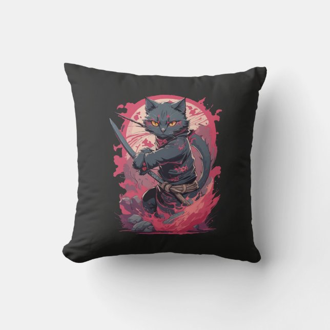 Cute Fire Stänk Black Ninja Cat Warrior Kudde (Framsida)